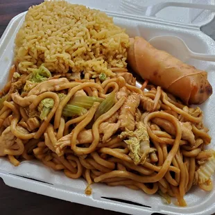 a plate of noodles and a hot dog