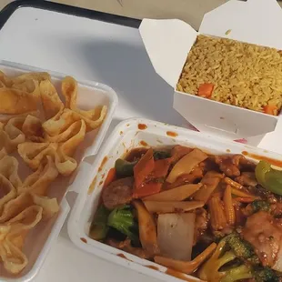 Szechuan chicken with crab rangoons and fried rice.