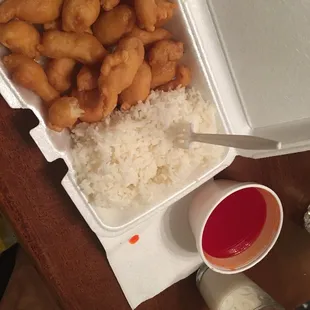Kids Meal sweet and sour chicken (sauce comes on the side) and white rice.