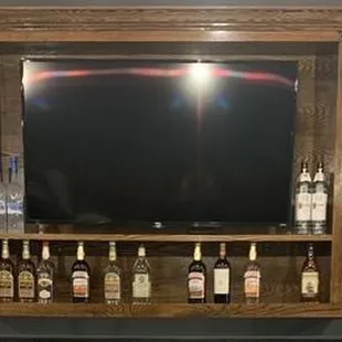 a bar with liquor bottles