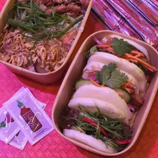 combo bowl (pork belly and teriyaki chicken); trio bao (2 pork belly, 1 beef)