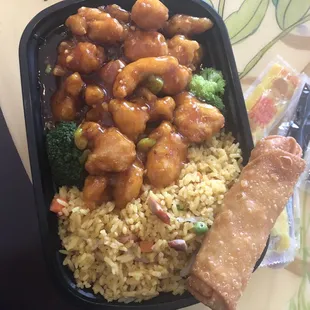 General Tso's combination platter with an egg roll.