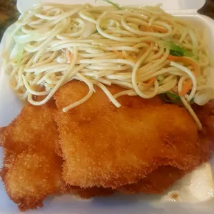 Fried Catfish &amp; Lo Mein wuth no MSG/Soy Sauce. Perfect.