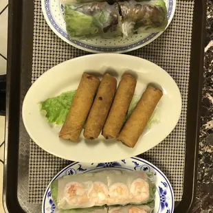 #1(bottom): Shrimp Spring Rolls. #2(top): Grill Pork Spring Rolls. #3(middle): Vietnamese Egg Rolls