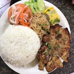 Number 45. Grill Pork Chop, Shredded Pork, Egg Cake, and Fried Egg (not in pic) w/ Steam Rice