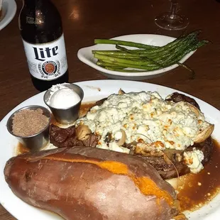 Gorgonzola Ribeye/mushrooms and onions. And sweet potato &amp; asparagus