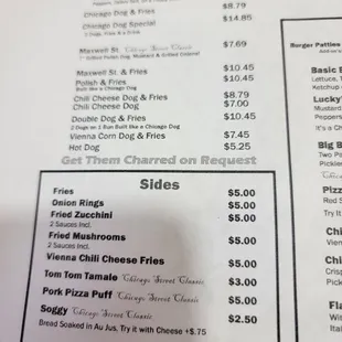 Menu sides and hot dogs