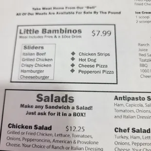 Menu and kids choices