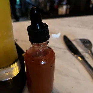 This is the hot sauce . Cute and different in a medicine type bottle !!