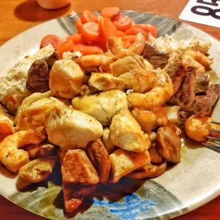 Hibachi chicken, shrimp, and beef.