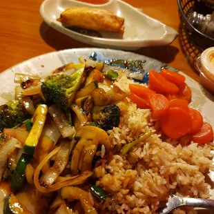 Teriyaki vegetable plate and cream cheese egg roll.