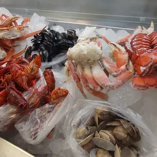 a variety of seafood on ice