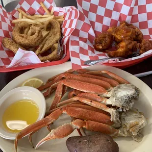 Rajun Cajun crab legs, wings and fried fish.