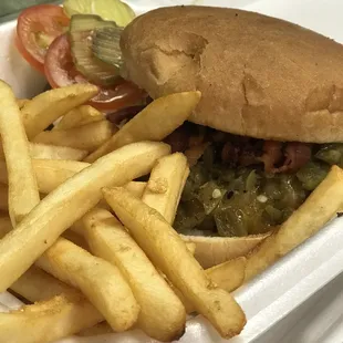 a hamburger and fries