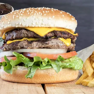 a cheeseburger and fries