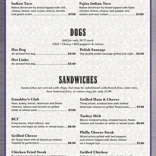 Gambler's Refuge Cafe Menu