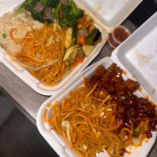 2 combo#2&apos;s  - Orange Chicken, Tangerine Chicken - Broccoli Beef, spare rib(?)  - chow mein (SO GOOD!), fried rice (bfs fav)