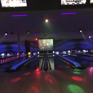 a bowling alley with bowling lanes