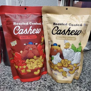 two bags of roasted potato cashews and a bag of cashews