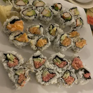 California rolls, spicy tuna rolls and spicy calif rolls