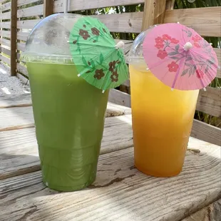 Pandan coconut milk tea &amp; Calamansi juice with mango puree