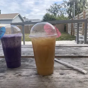 Close up of ube and mango milk (both great)