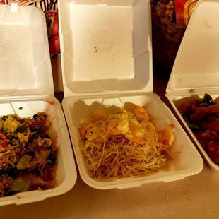 Vegetable fried rice, Rice noodles with shrimp,  Sweet and sour chicken