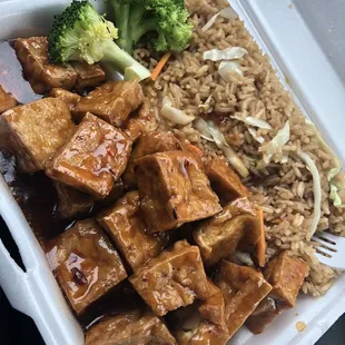 General Tso's Tofu dinner with veggie fried rice (Vegan)