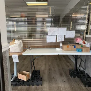 a table with boxes on it