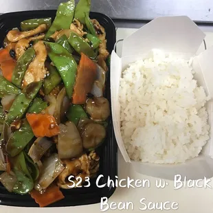 chicken, black bean sauce and rice