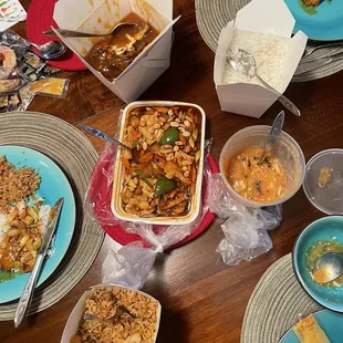 Mushroom egg foo young, kung pow chicken, hot &amp; sour soup, combination fried rice, egg rolls (not pictured)