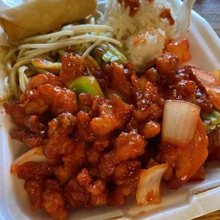 I got the sweet and sour chicken lunch combo and I added chow mein for a $1 more. It came out to $8.54.