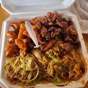 Orange chicken, salt and pepper chicken, rice noodle side