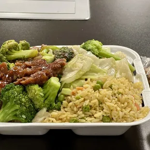 Beef with Broccoli, steamed veggies and fried rice