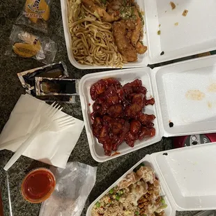 Salt Pepper Chicken with Chow Mein Combination Plate Peking Pork Honey Walnut Shrimp with BBQ Pork Fried Rice Combination Plate