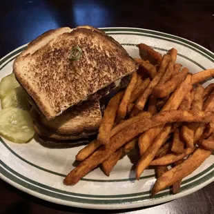 Bacon Grilled Cheese Burger with Sweet Potato Fries
