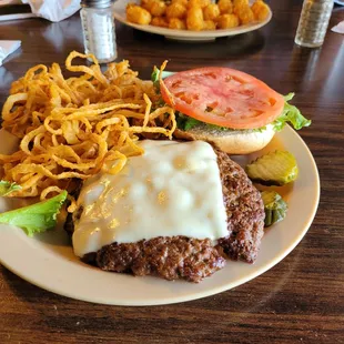 Cheeseburger on plain bun with onion straws. Wife had Cheeseburger on marble rye with tator tots.