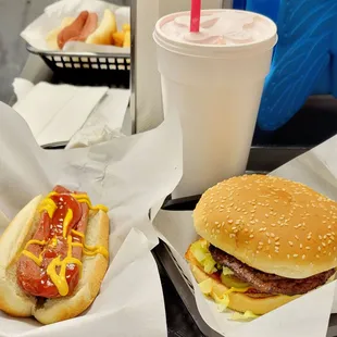 Jumbo hot dog, Cherry milkshake, 1/4 lb Hamburger