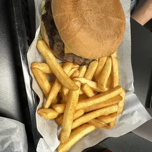 a hamburger and french fries