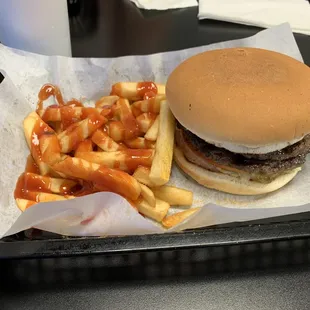 Burger and fries (I added the ketchup)