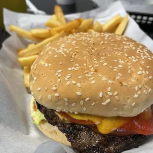 Single (1/4 lb) burgers/cheese and side of fries.