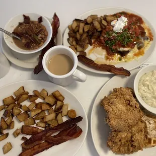 * Chicken &amp; Waffle with gravy, potatoes and Bacon.  * Enchilada &amp; Eggs with Bacon strip and Ranchi Beans.  * 2 coffees