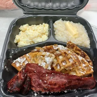 Turkey bacon   waffle and grits.