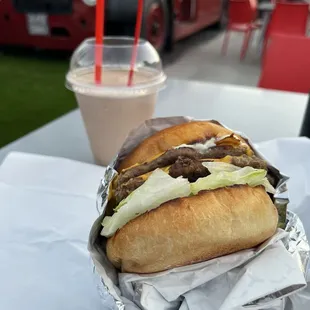 Double bbq bacon burger and a chocolate shake