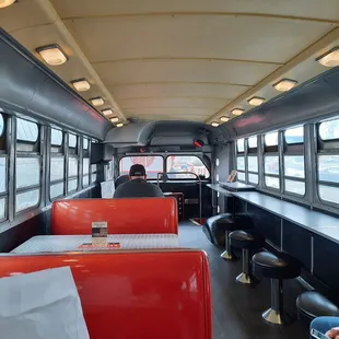 Renovated old bus you can eat in. Very clean, well kept, seats 18 large folks.