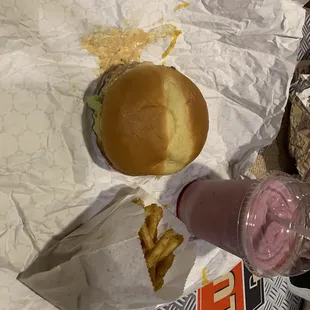 lucky burger meal with a raspberry shake