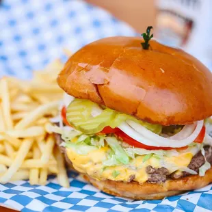 Lucky&apos;s Cheeseburger. Homemade Veggie Patty also available!