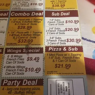 coups for the pizza and subs