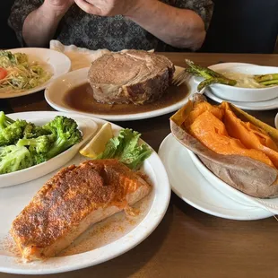 24oz Prime Rib, fresh asparagus and Cajun Salmon, broccoli and sweet potato.