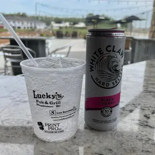 a drink and a can